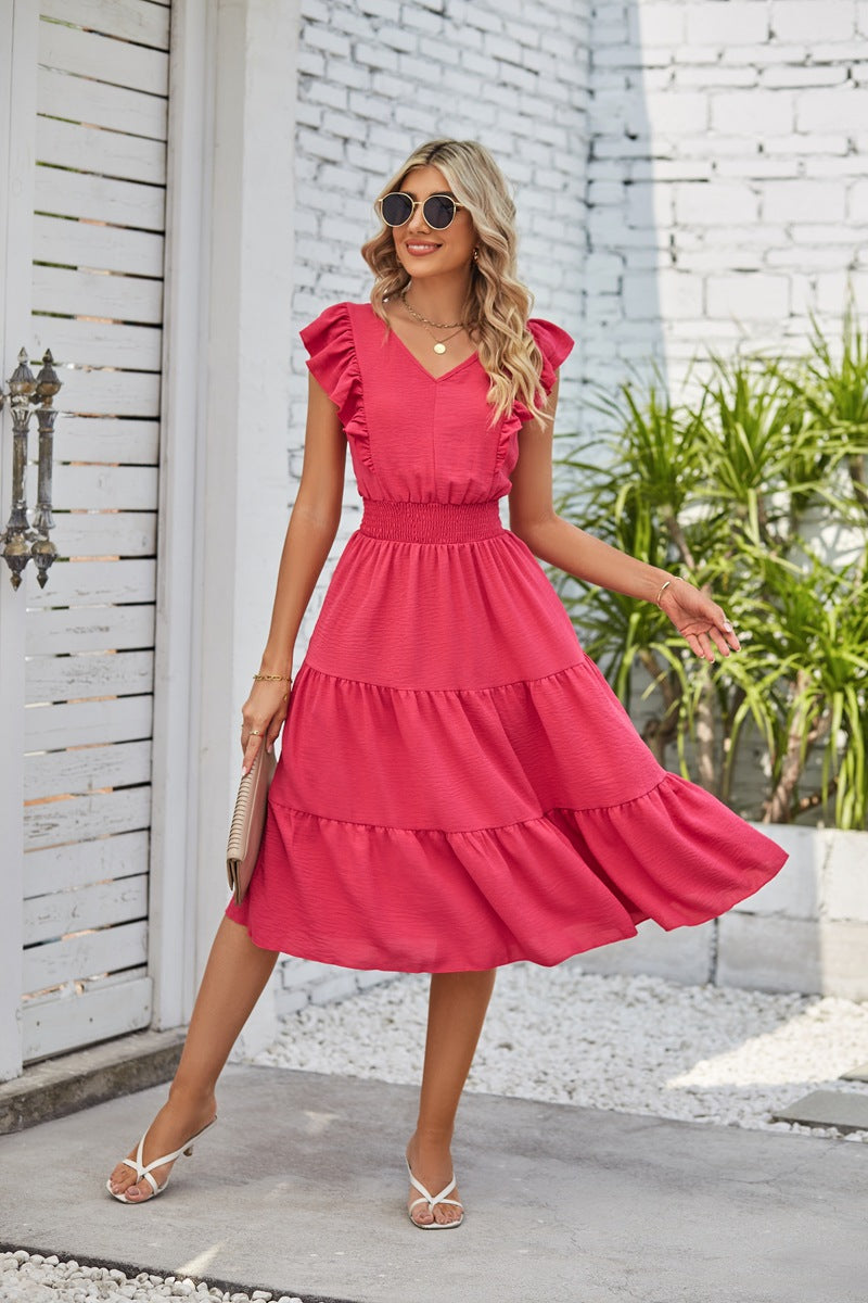 Vestido midi feminino com decote em V e folhos e cintura elástica em 7 cores S-XL