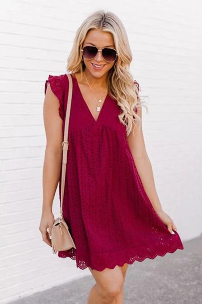 European And American New Lace Jacquard Hollow V-neck Dress
