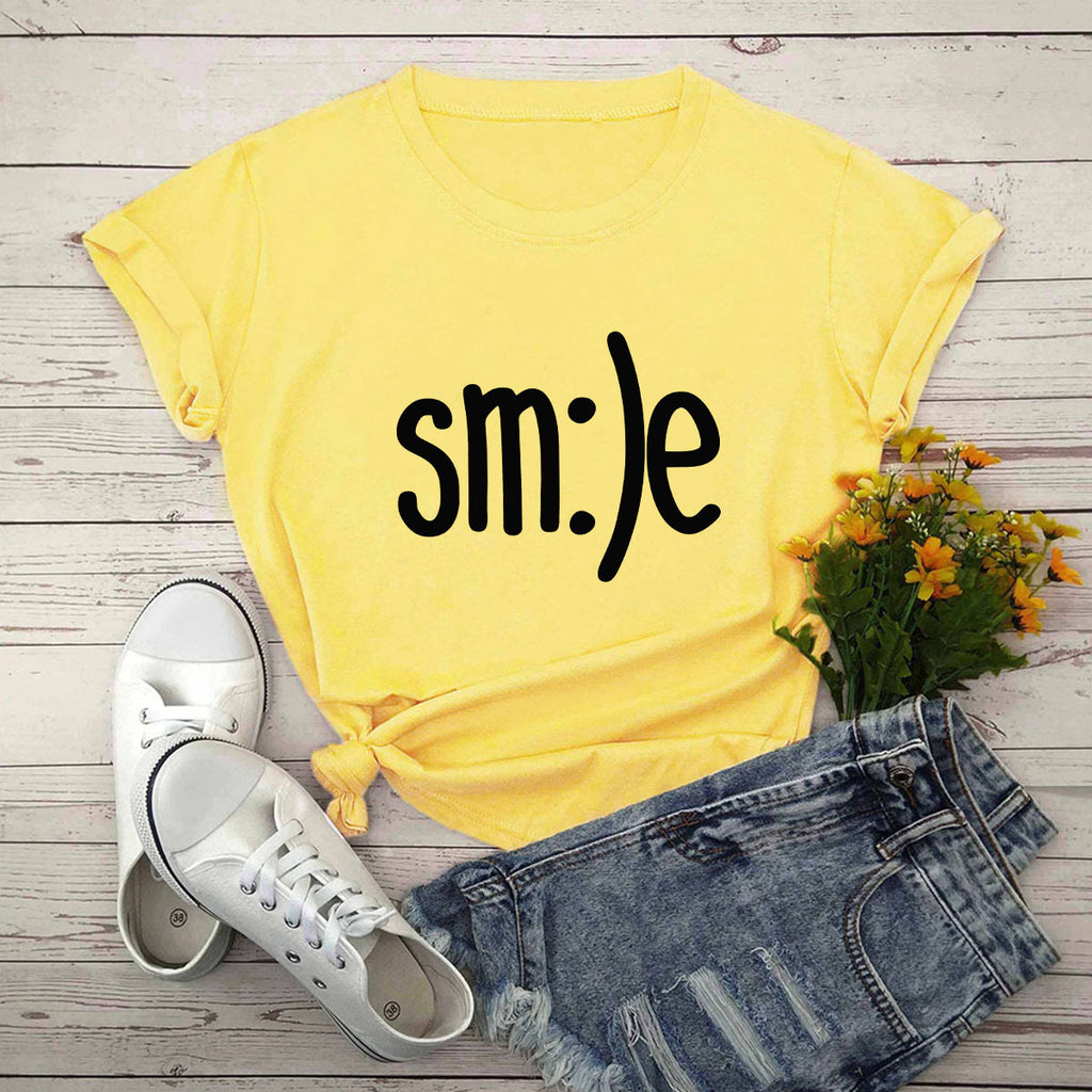 Women’s Smile Printed Short Sleeve Cotton Top in 12 Colors S-5XL - Wazzi's Wear