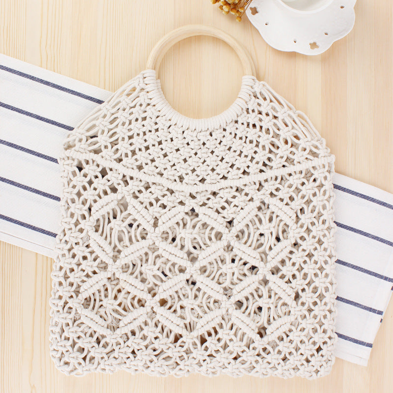 Women’s Macrame  Handbag with Wooden Ring Handle - Wazzi's Wear