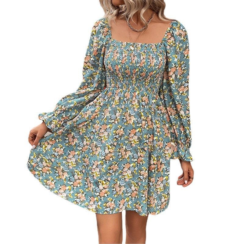 Women's Fashionable All-match Beach Print Square Collar High Waist Casual Dress