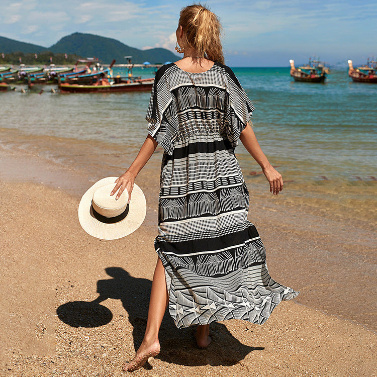 Woman Cotton Black And White Line Seaside Vacation Coat Blouse Sunscreen