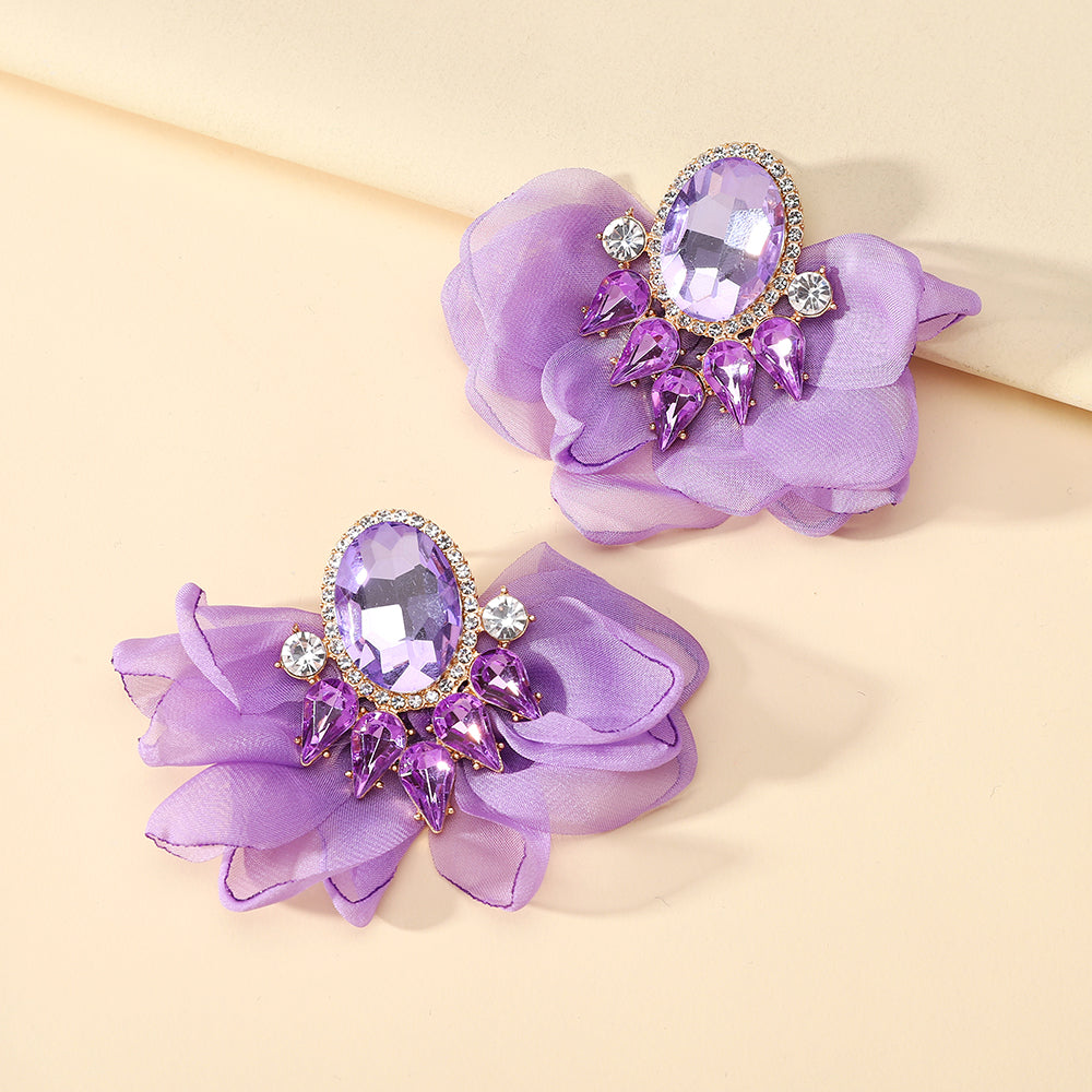 Handmade Coloful Glass Chiffon Flower Stud Earrings For Women Bold Fashion Jewelry Party Prom Vacation