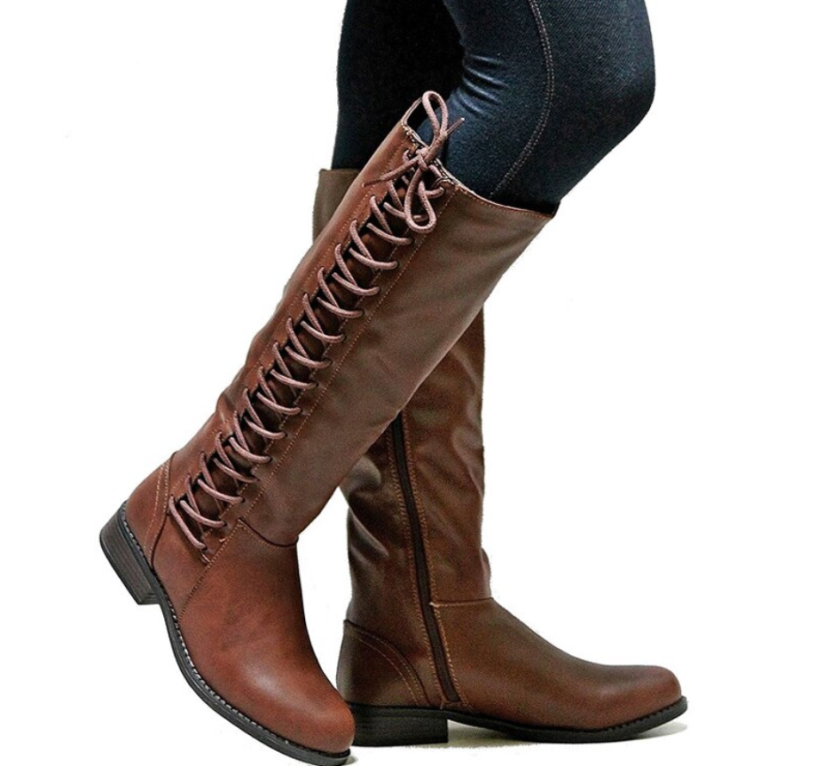 Women’s Lace Up Knee High Boots with Side Zipper in 3 Colors - Wazzi's Wear