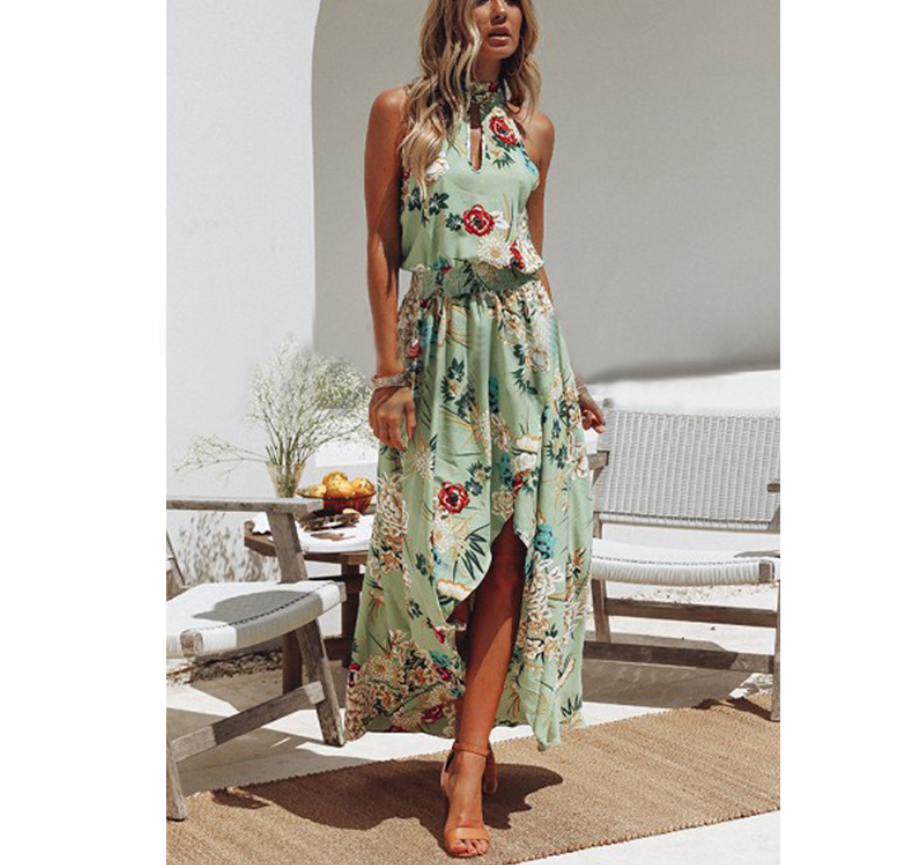 Women's Floral Halter Neck Boho Dress with Asymmetric Hem in 2 Colors S-XXL - Wazzi's Wear