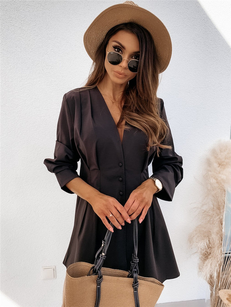 Women’s Buttoned V-Neck Long Sleeve Shirt Dress in 4 Colors S-XXL - Wazzi's Wear