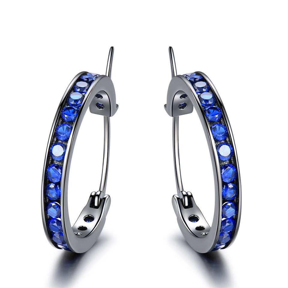 Sterling Silver Hoop Earrings with Inlaid Gems in 4 Colors