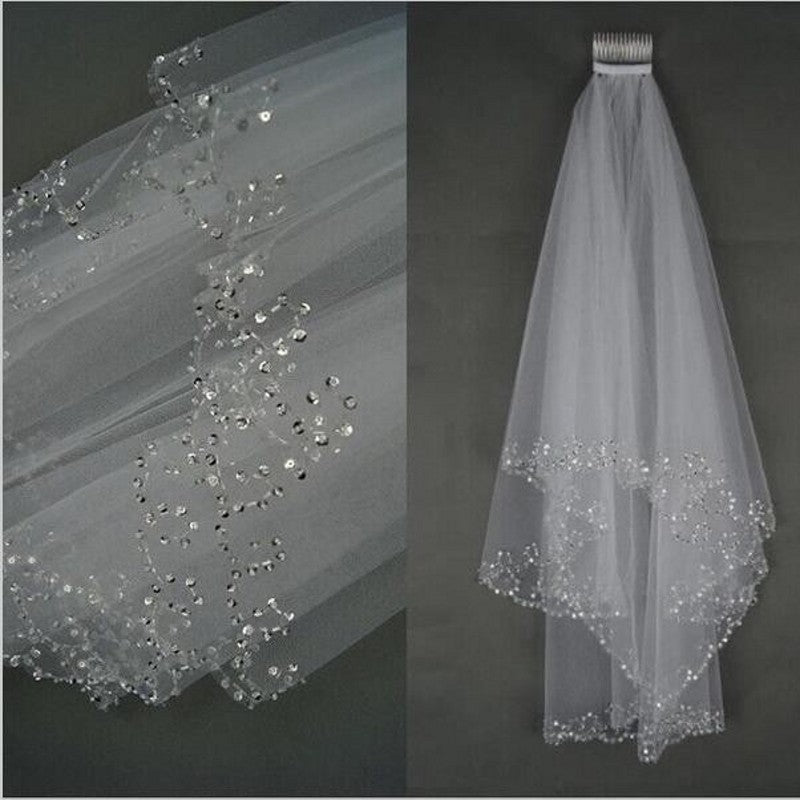 Women’s Beaded Mesh Wedding Bridal Veil in 2 Colors - Wazzi's Wear
