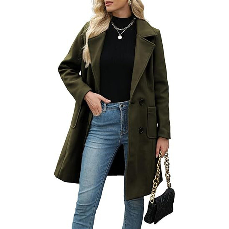 Winter Korean Style Slim Mid-length Double Breasted Turn-down Collar Coat