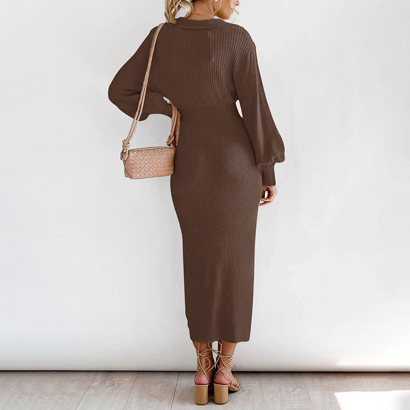 Elegant Retro Lightly Mature Lantern Sleeve V-neck Solid Color Knitted Sweater Dress