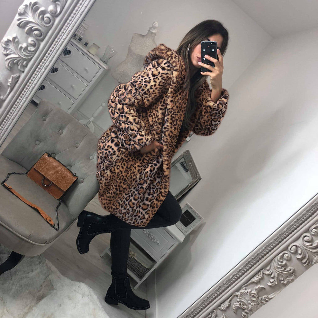 Women's Mid-Length Leopard Print Fake Fur Hooded Coat S-3XL - Wazzi's Wear