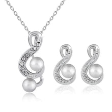 Load image into Gallery viewer, Women’s Faux Pearl and Diamond Music Note Silver Necklace with Matching Earrings Set - Wazzi&#39;s Wear