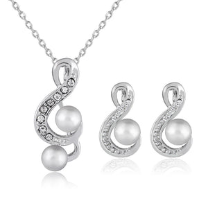 Women’s Faux Pearl and Diamond Music Note Silver Necklace with Matching Earrings Set - Wazzi's Wear