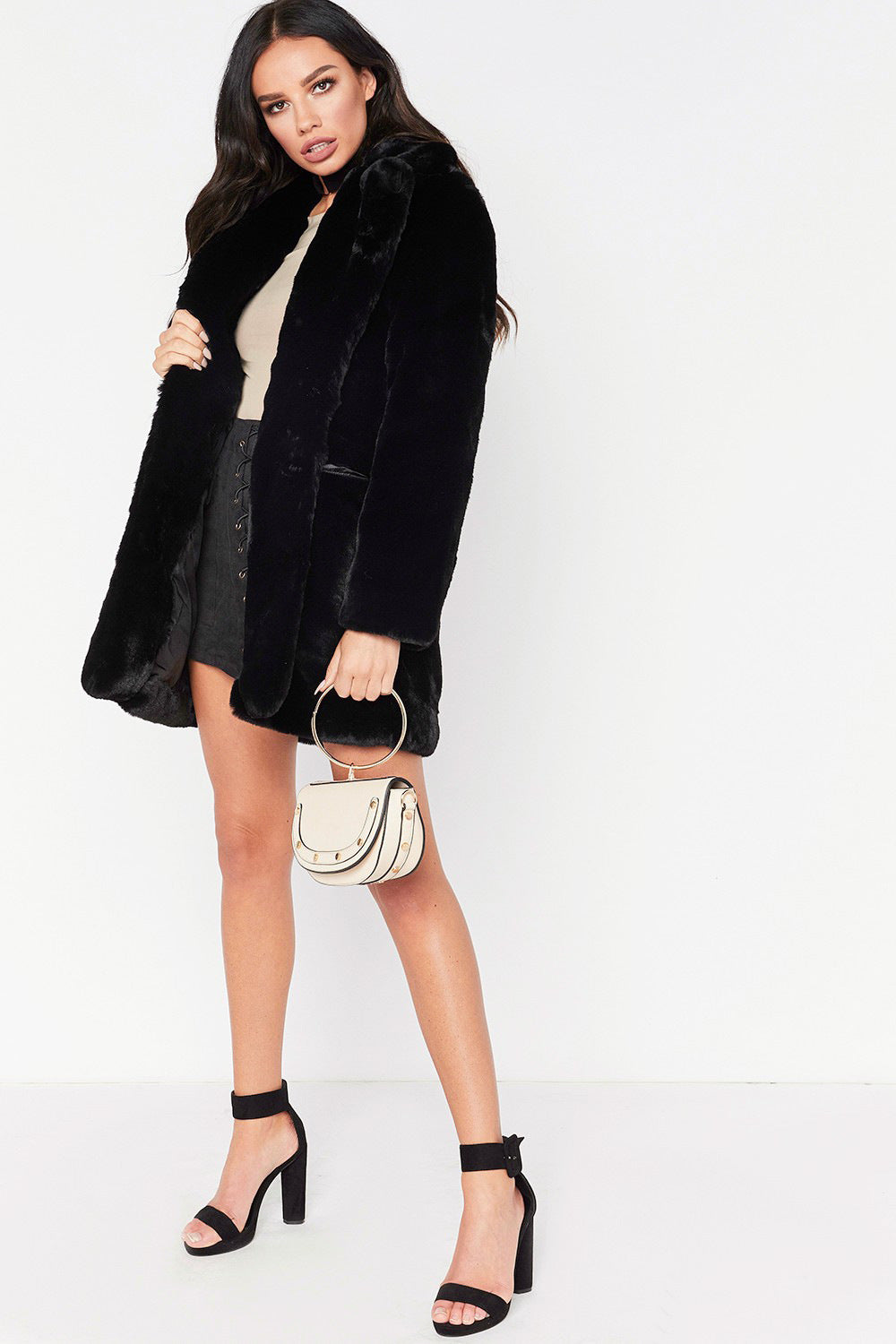 Women’s Faux Fur Coat with Lapel and Pockets