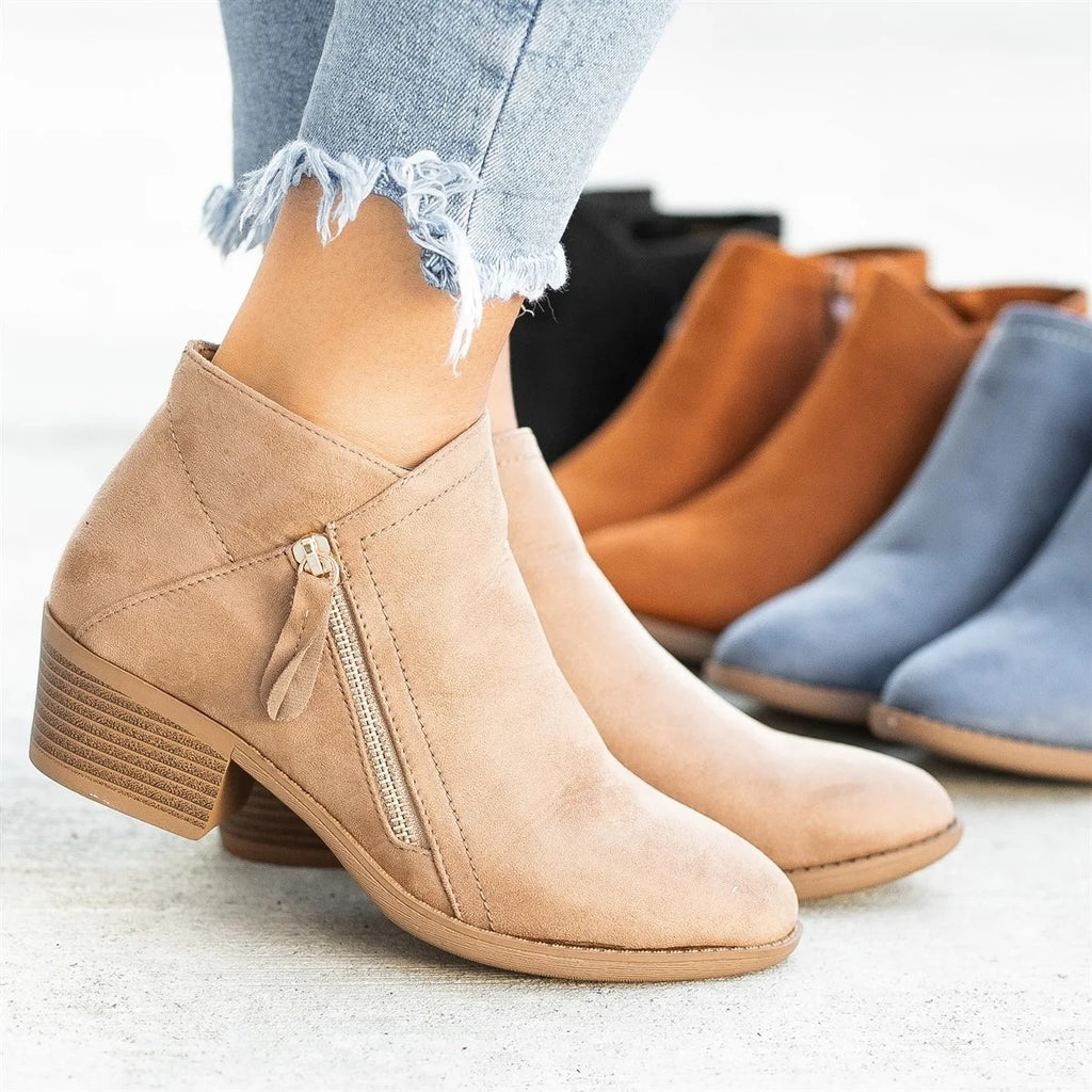 Women’s Low Heel Ankle Boots with Side Zipper in 4 Colors - Wazzi's Wear