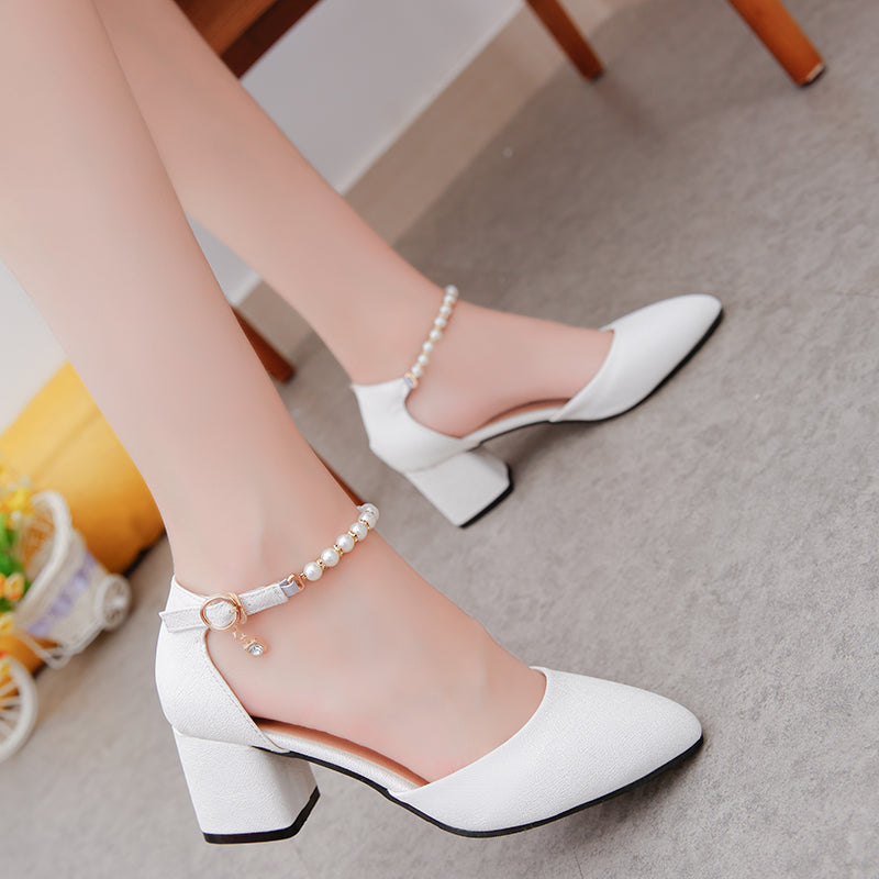 Women's Elegant Closed Toe Heels with Beaded Ankle Strap