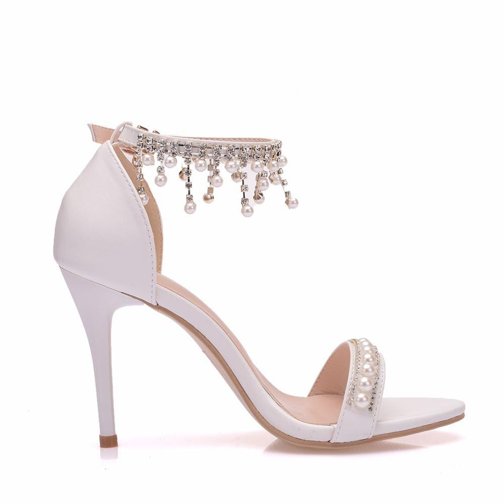 Women’s White High Heeled Stiletto Shoes with Beaded Ankle Strap - Wazzi's Wear