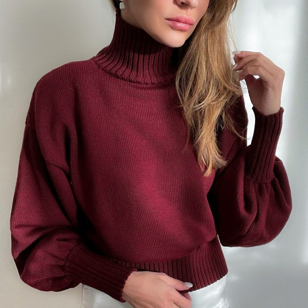 Women’s Solid Color Puff Sleeve Turtleneck Sweater in 7 Colors S-XL - Wazzi's Wear