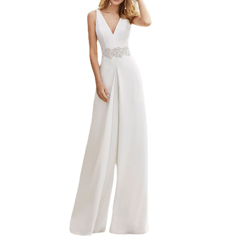Women’s Elegant Sleeveless V-Neck White Jumpsuit S-XL - Wazzi's Wear