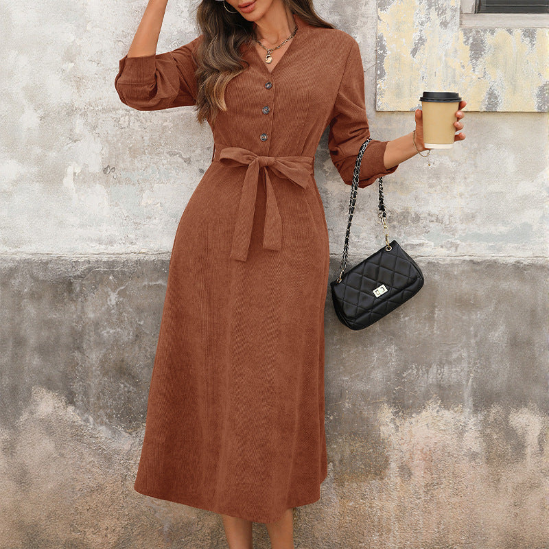 Corduroy V-neck Work Commuter Dress Women