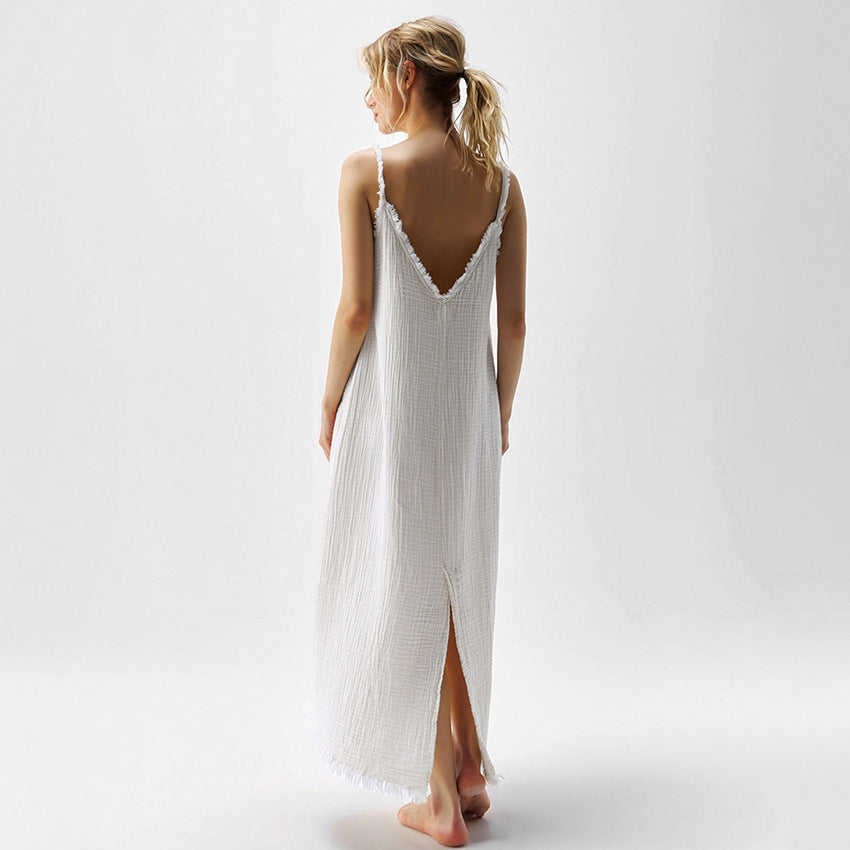 Double-layer Crepe Cotton White Split Dress