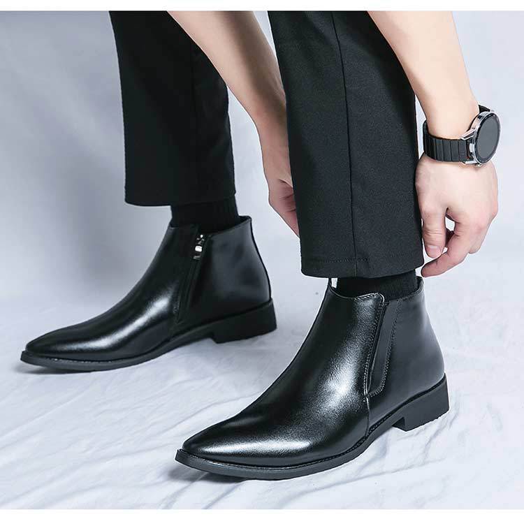 Men’s Leather Ankle Boots with Pointed Toe and Side Zipper