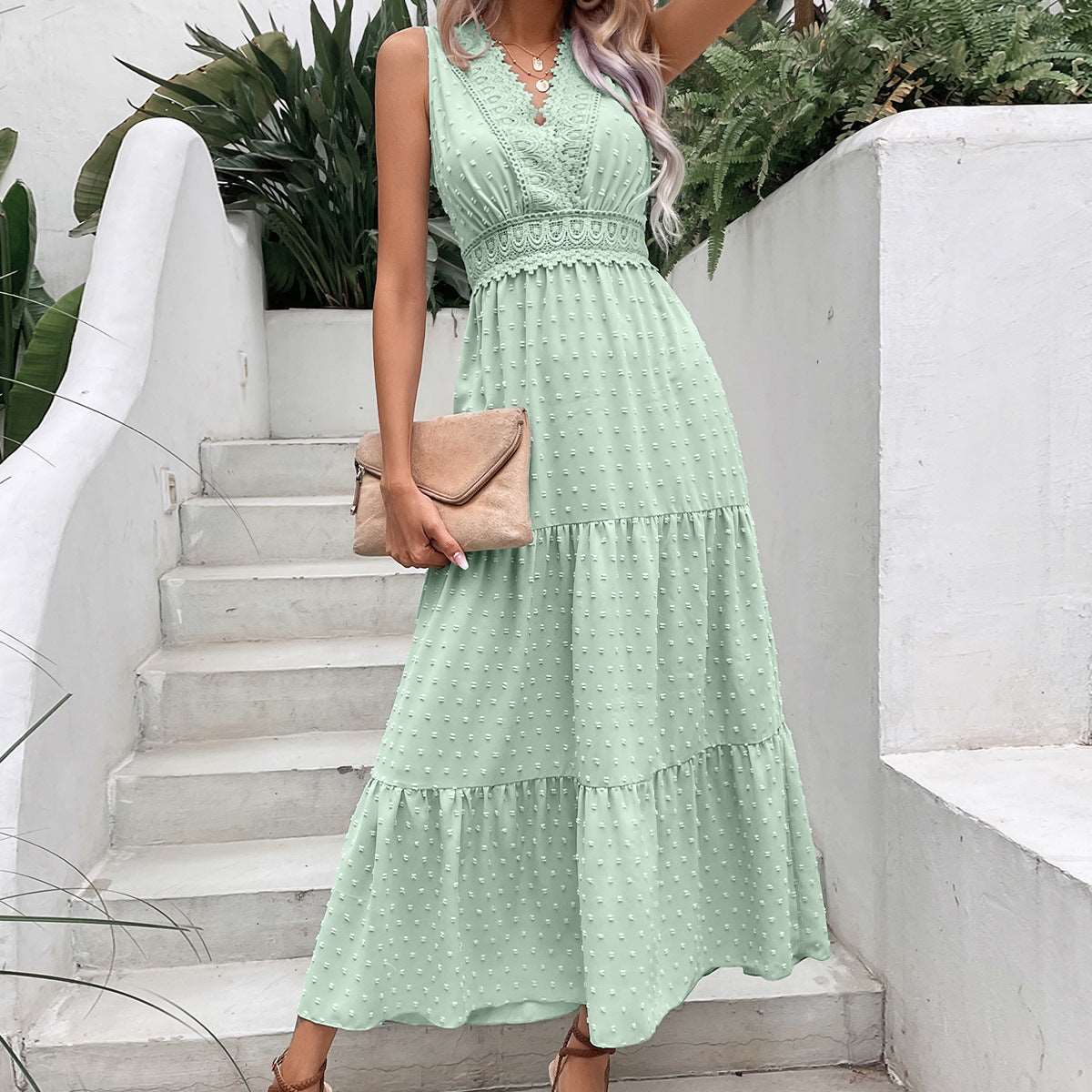 Women's V-Neck Dotted Sleeveless Maxi Dress with Open Back