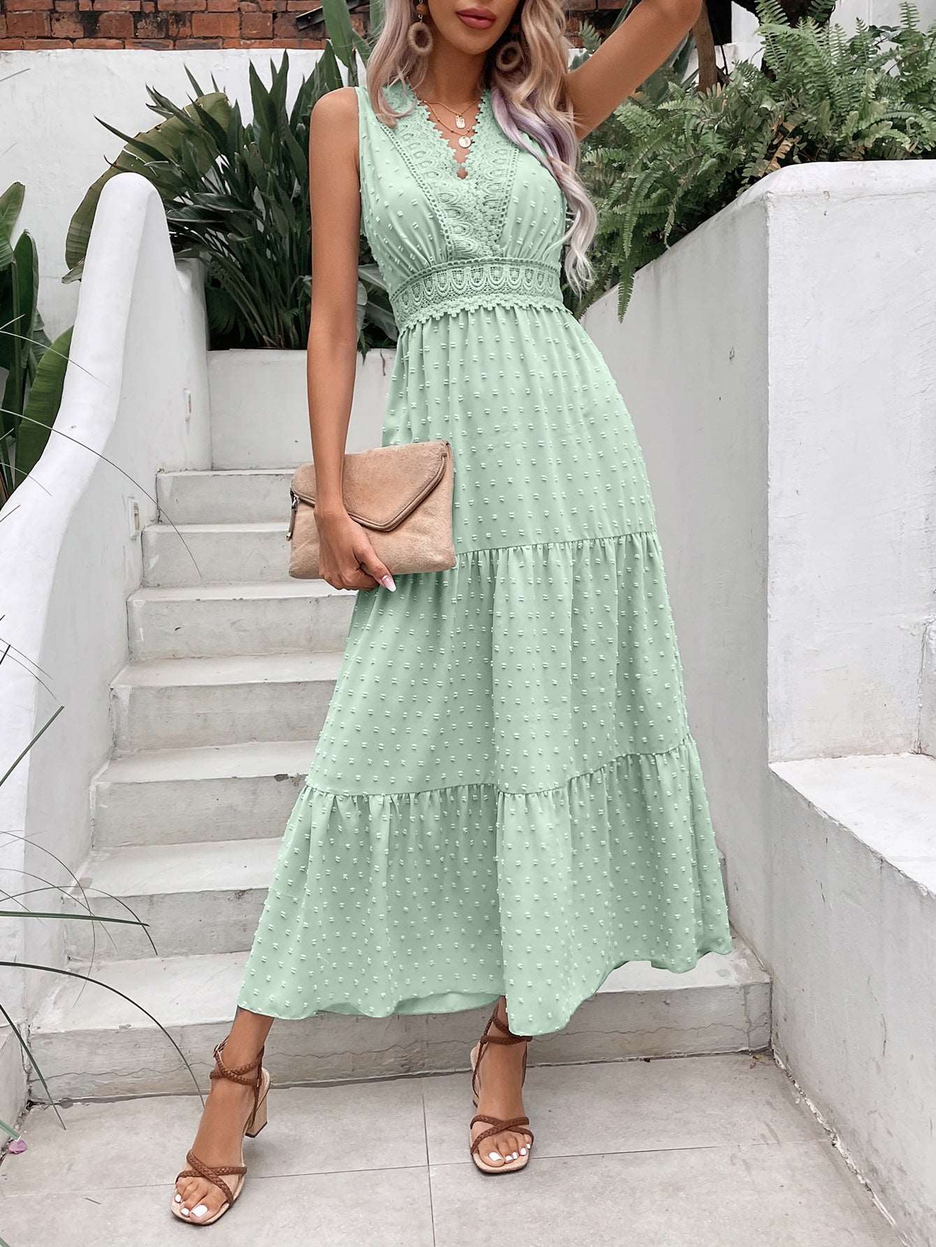 Women's V-Neck Dotted Sleeveless Maxi Dress with Open Back