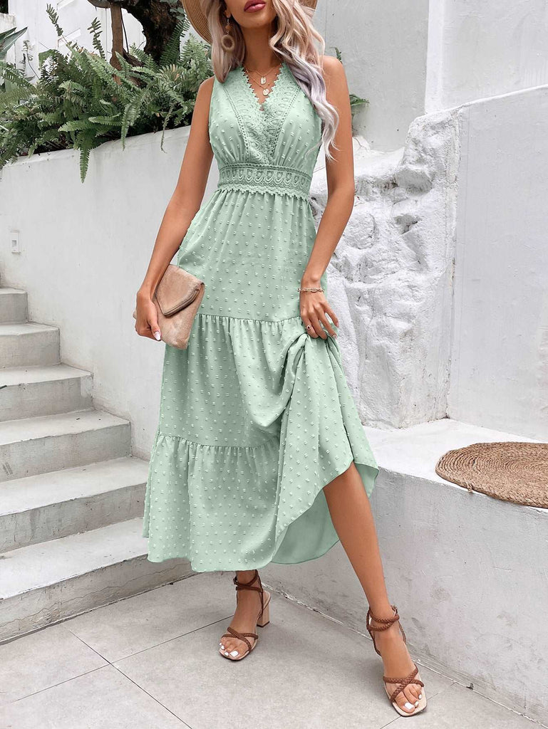 Women's V-Neck Dotted Sleeveless Maxi Dress with Open Back