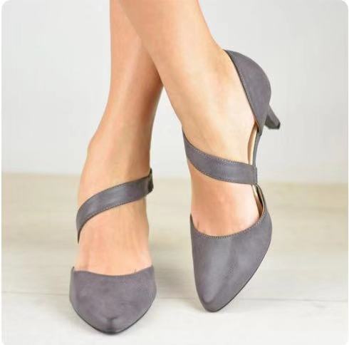 Pointed toe cross strap gray stiletto heel shoes for women.