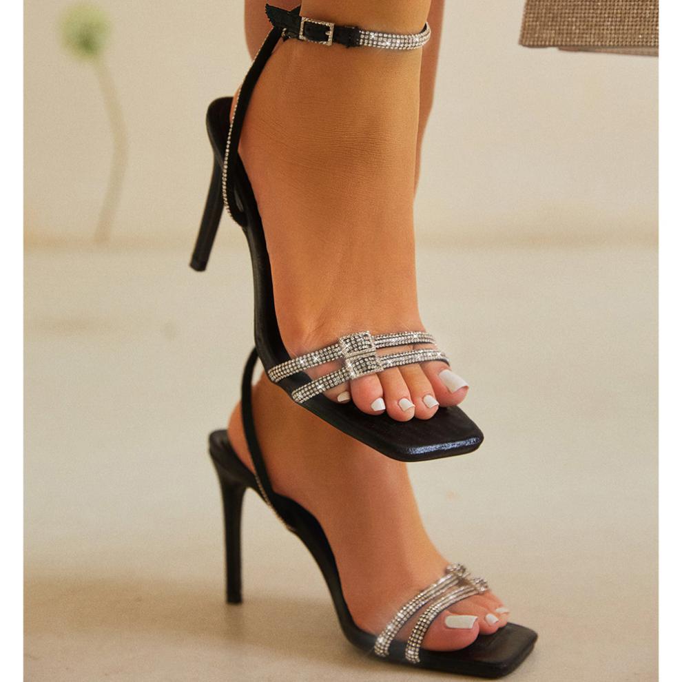 Women’s High Heel Rhinestone Stiletto Sandals with Square Toe and Ankle Strap in 2 Colors