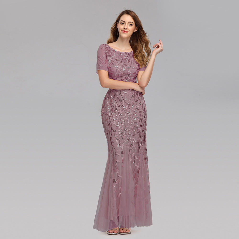 Women’s Elegant Short Sleeve Evening Gown with Chiffon and Lace Overlay