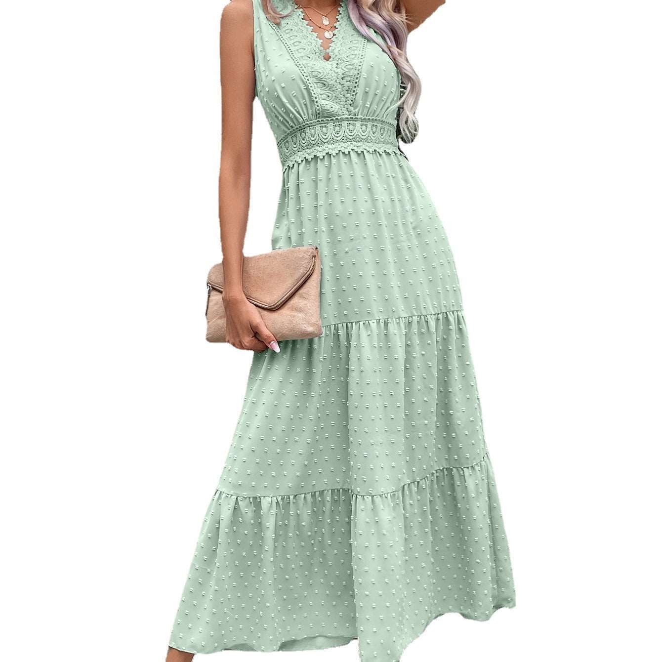 Women's V-Neck Dotted Sleeveless Maxi Dress with Open Back