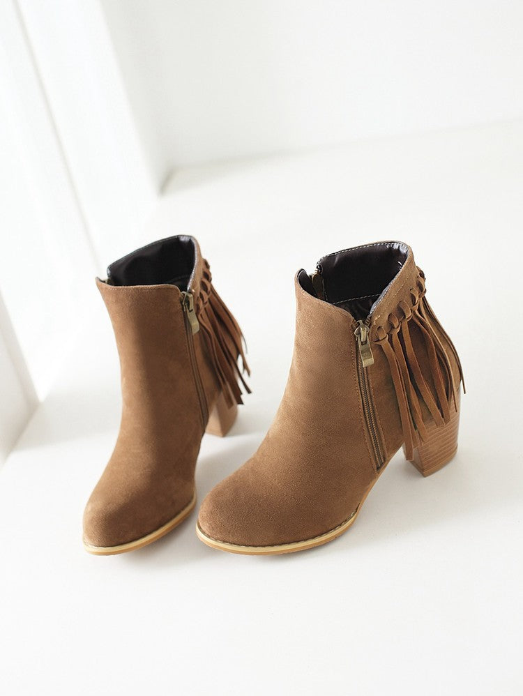 Women’s Suede Ankle Length Short Heel Boots with Tassels in 3 Colors - Wazzi's Wear