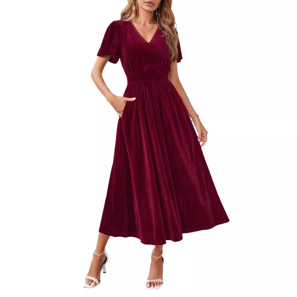 Knitted Short-Sleeve V-Neck Defined-Waist Maxi Dress For Women