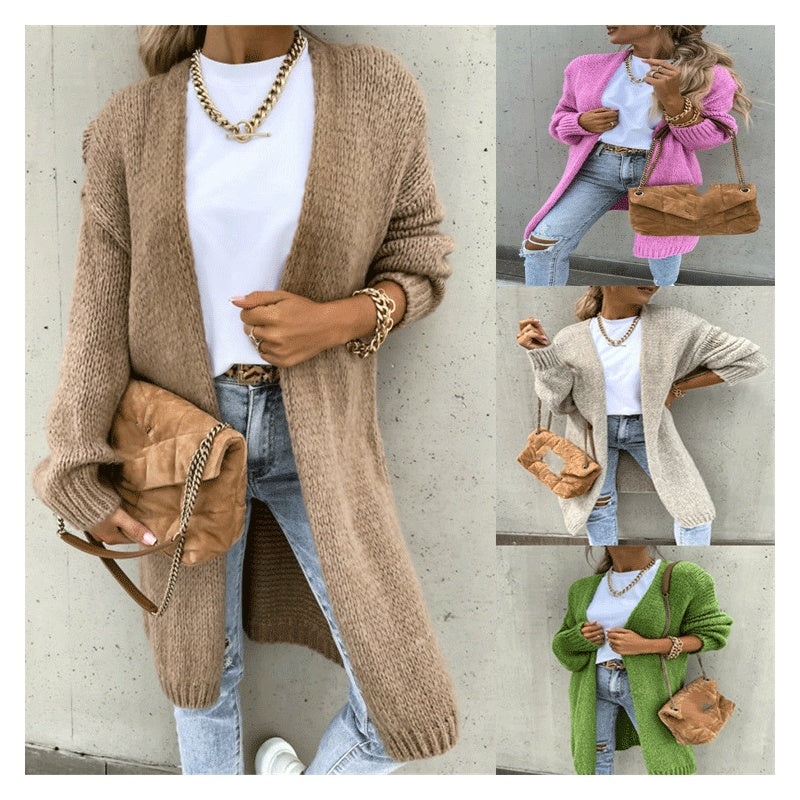 Women’s Solid Color Long Sleeve Knee-Length Knit Cardigan