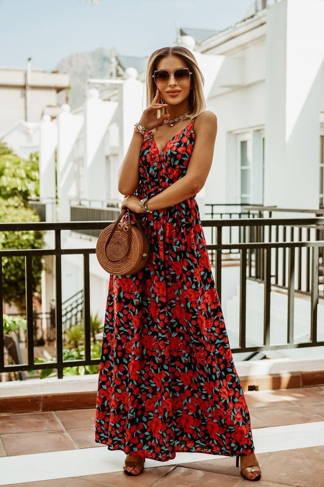 V-Neck Sleeveless Boho Maxi Dress with Spaghetti Straps