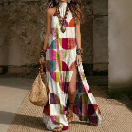 Loose-fit Printed Halterneck Split Dress