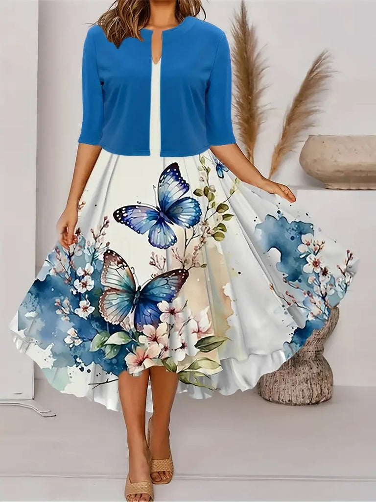 Women's Sleeveless Floral Midi Dress with Cardigan Two Piece Set