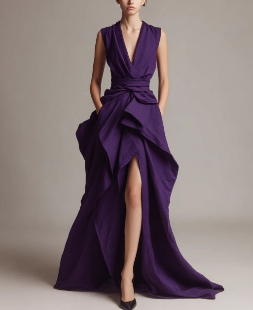 Royal Amethyst Sculptural Gown-Deep V-Neck Textured Maxi With Waterfall Ruffle