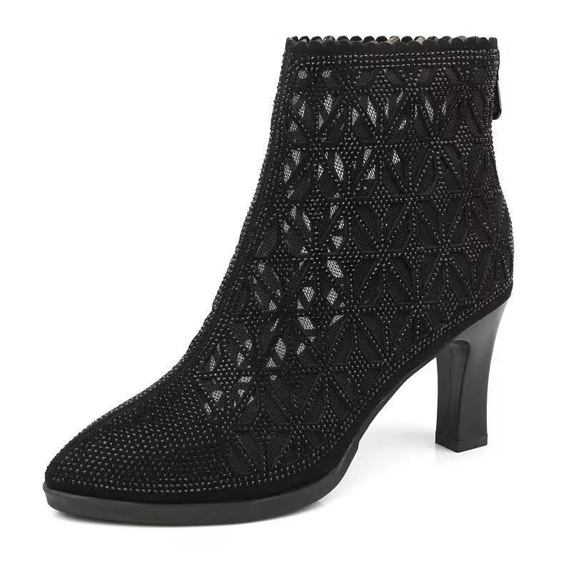 Women’s High Heel Ankle Boots with Mesh and Rhinestones in 2 Colors - Wazzi's Wear