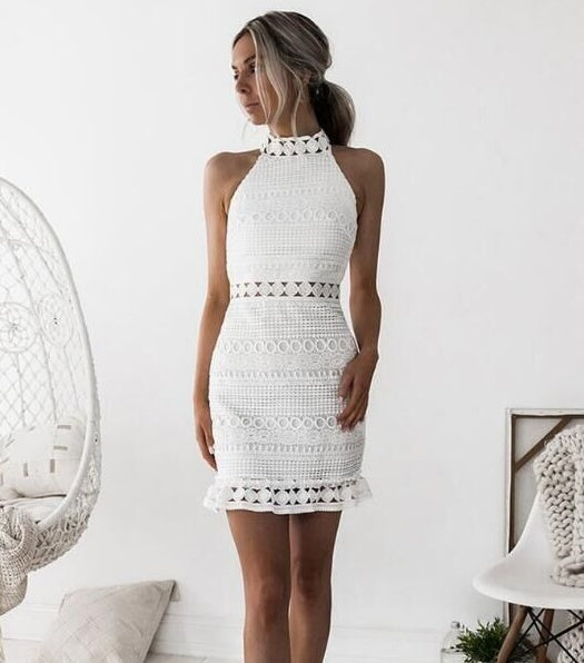 Amazon''s Water Soluble Crocheted Sleeveless Hip Sexy High-necked Lace Dresses