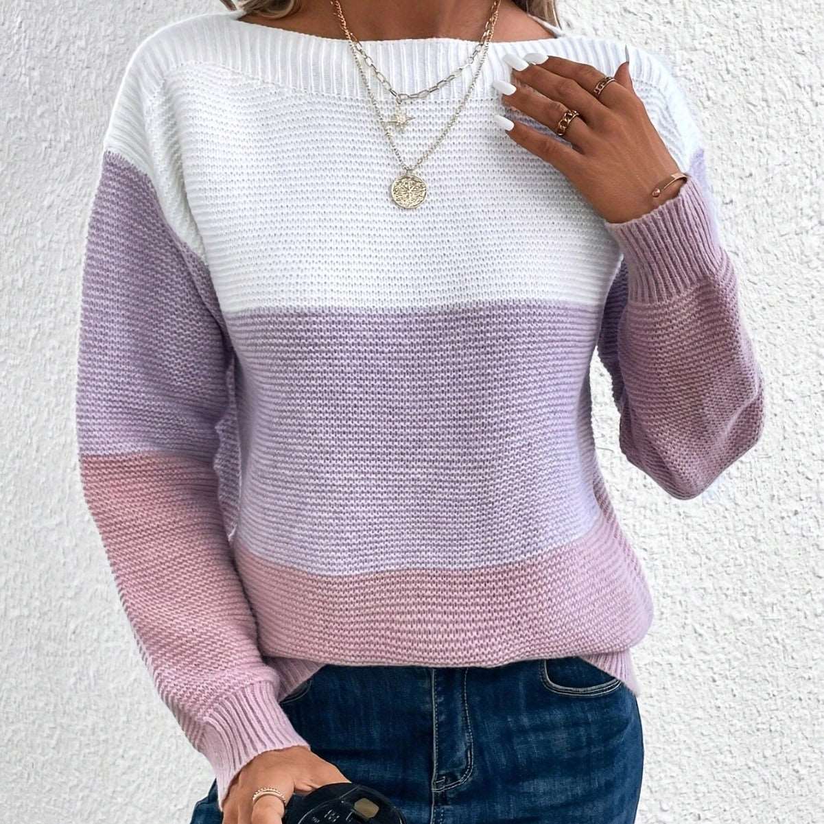 Women's Round Neck Long Sleeve Colorblock Sweater in 8 Colors S-XL