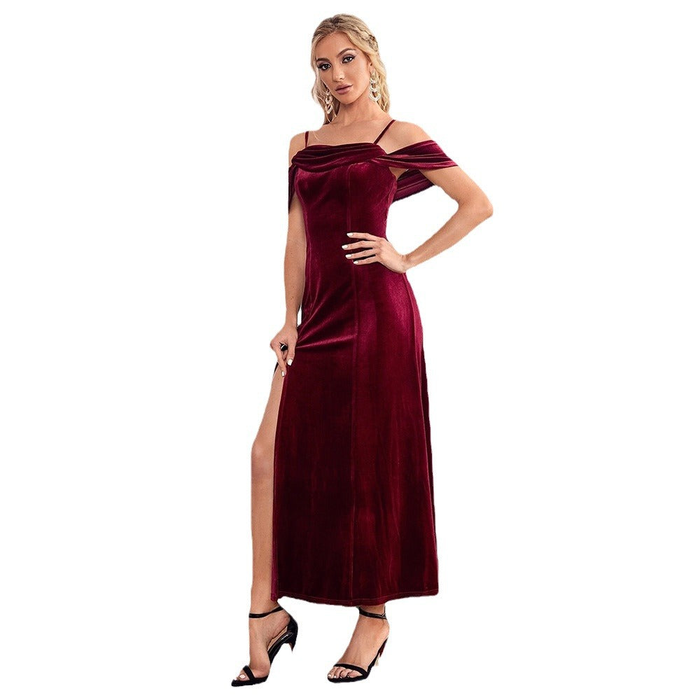 Velvet Off-shoulder Spaghetti Straps Temperament Wild Dress