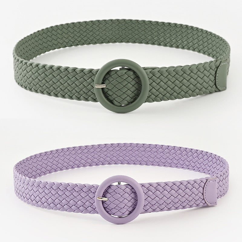 Woven Solid Colour Women’s Belt with Round Buckle