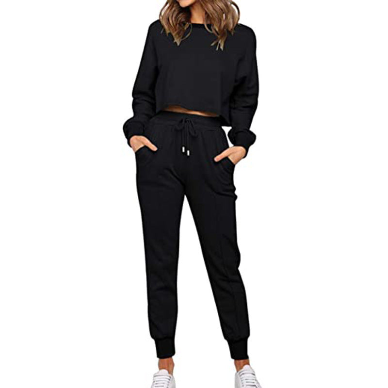 Women's Long Sleeve Cropped Sweatshirt with Sweatpants Sports Set