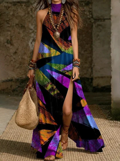 Loose-fit Printed Halterneck Split Dress