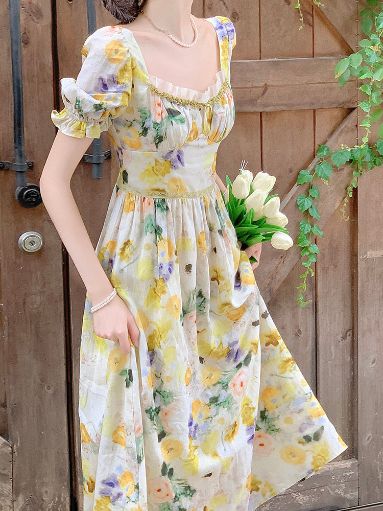 Yellow Floral Dress For Women In Summer