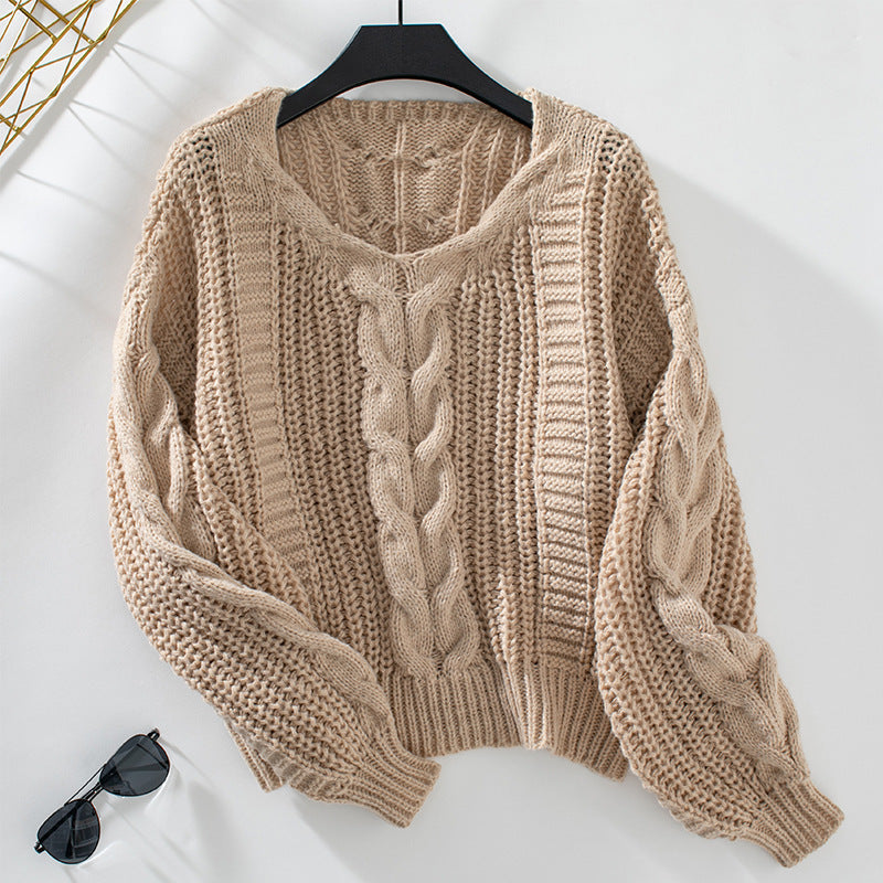 Women’s Lantern Sleeve Twist-Knit V-Neck Sweater