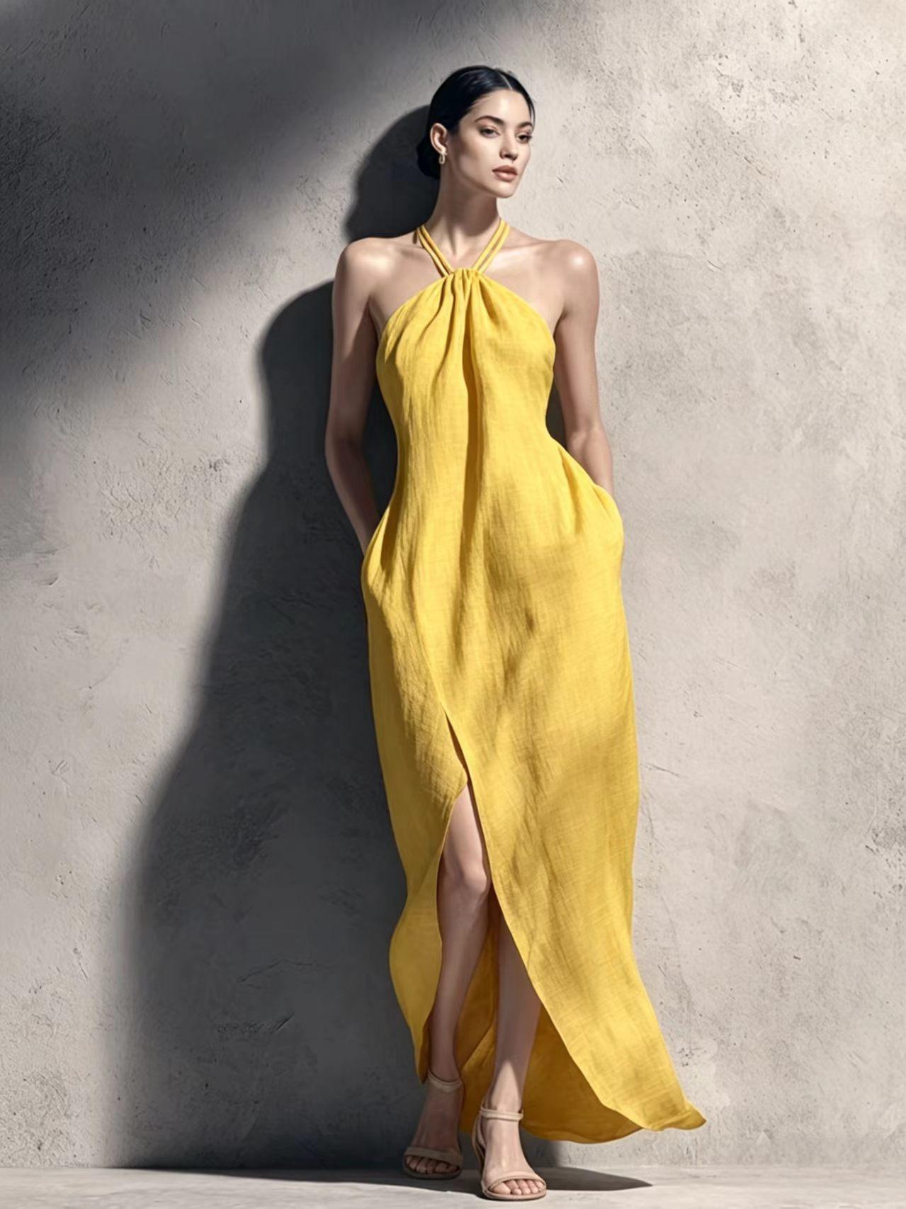 Womens Cinched Waist Side-Slit Halter Dress